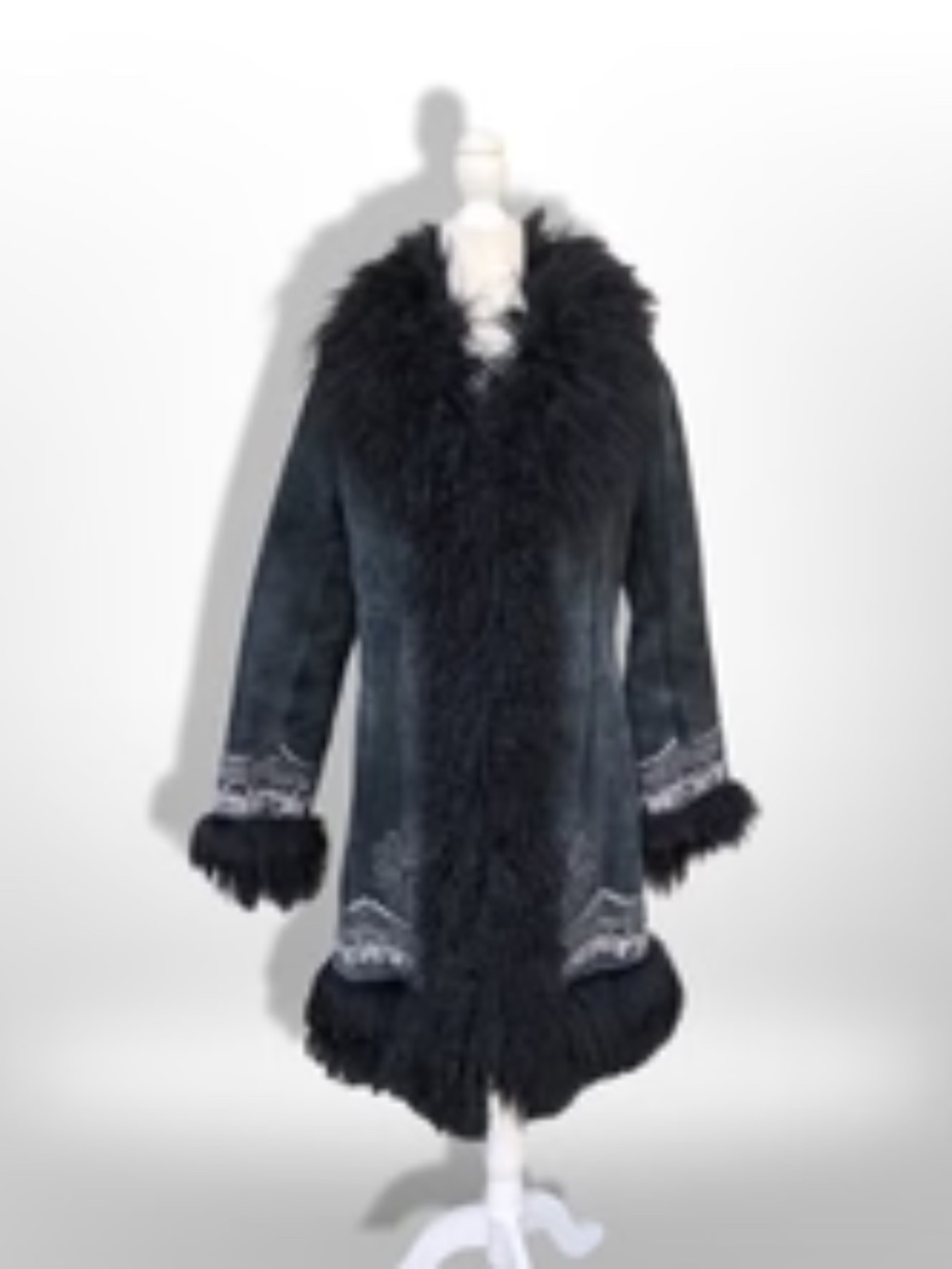 Vintage Black Suede Embroidered Mongolian Lamb Shearling Coat 38” Bust